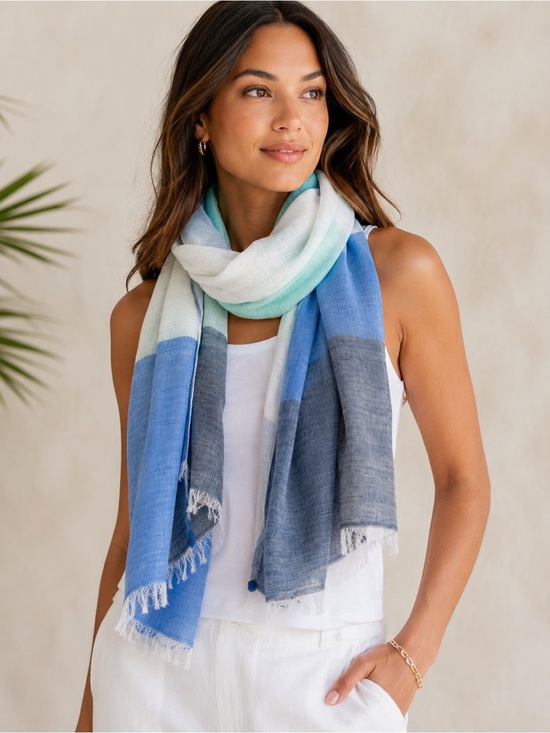 Tommy Bahama Accessories - Tommy Bahama Linen Cotton Colorblock Fringe Scarf Turkish Sea NWT OS